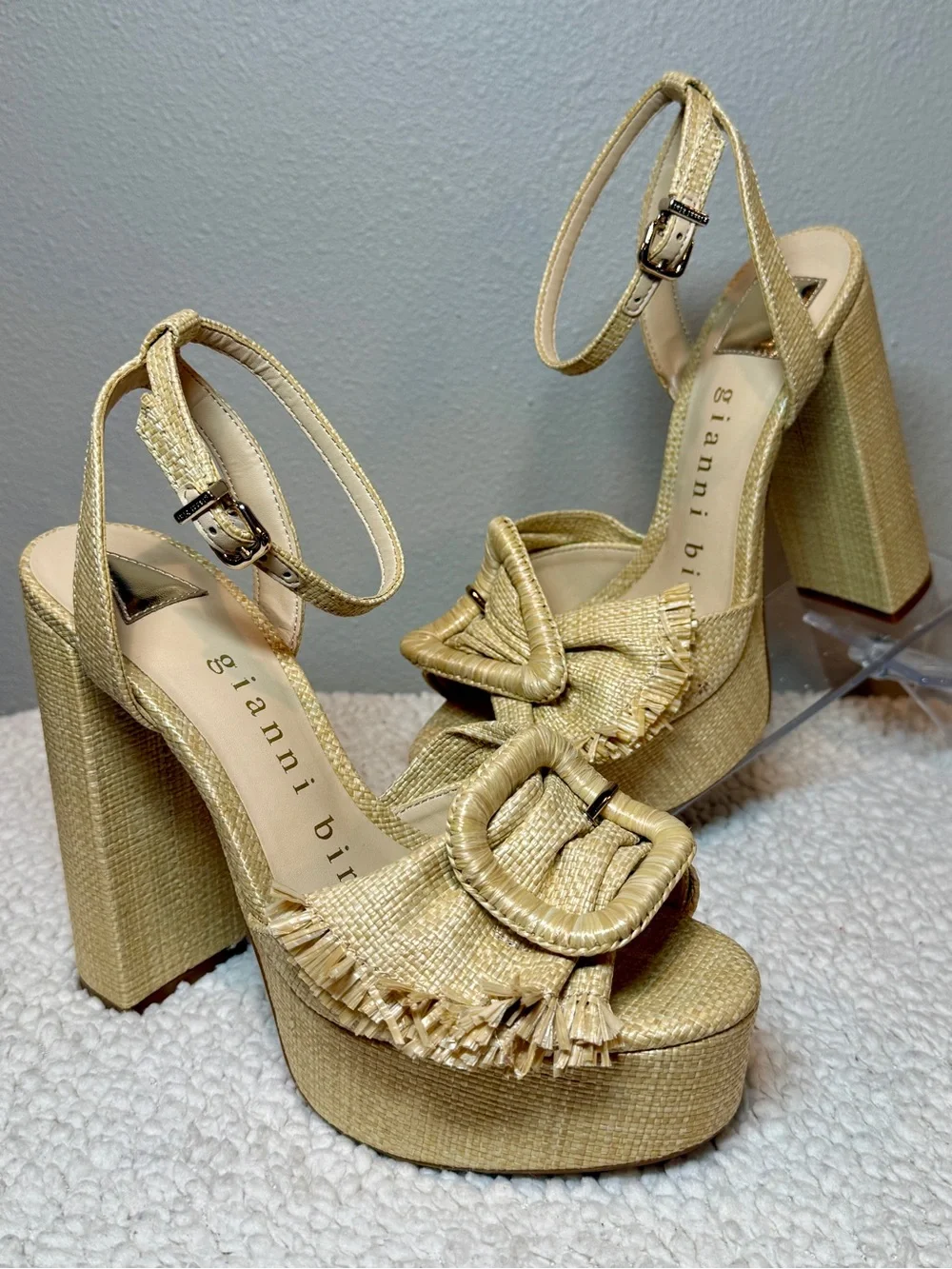 Gianni Bini Raffia Mismatched Buckle Platform Heels